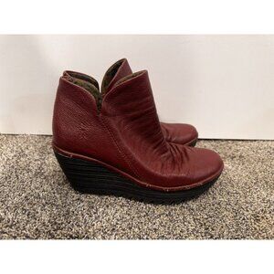 Fly London Yip Red Leather Wedge Ankle Boot Size 36